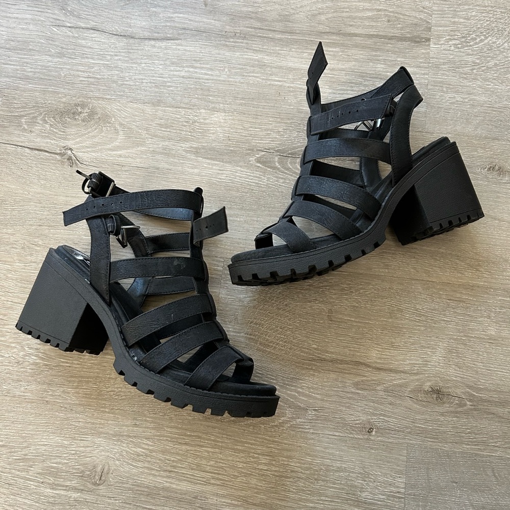 Chunky moto style black strappy heels